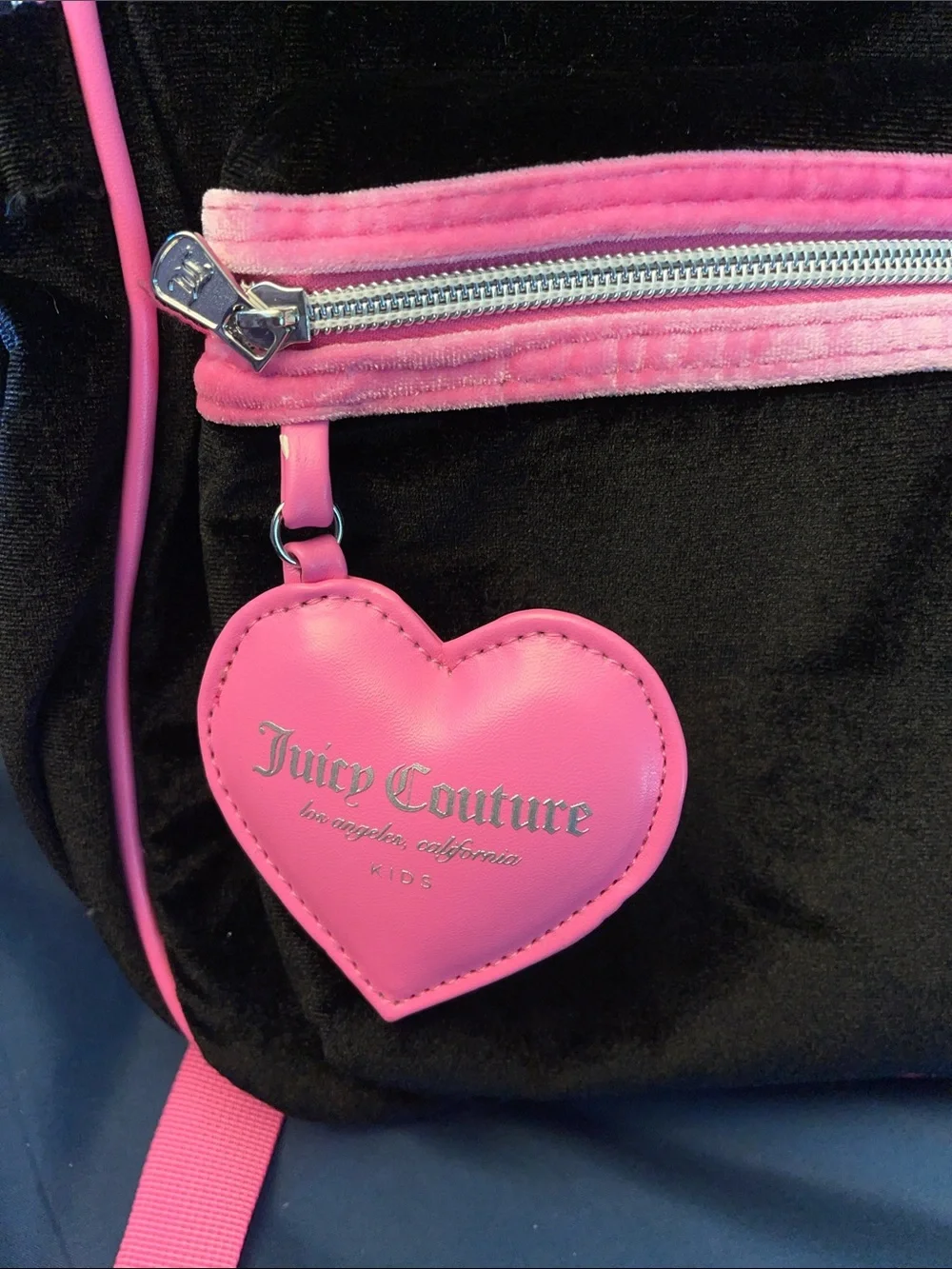 Juicy Couture Black Velvet Kids Backpack with Pink Trim and Rhinestones
